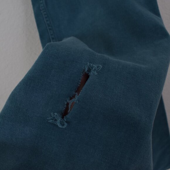 Vintage 70s Worrrn Ripped Green Flat Front Flared Pants by Love & Stitch size 28 - Picture 10 of 12